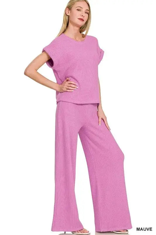 Zenana Rolled Sleeve Top and Pants Sweater Set - Love Salve